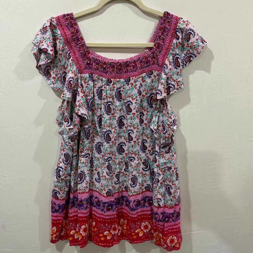 Doe and Rae Pink Red Paisley Floral Smocked Square Neck Ruffle Top 1XL 44334TPL